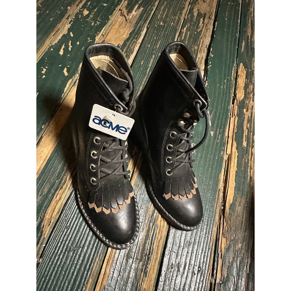 NOS Acme Kids Black‎ Leather Lace Up Western Kiltie Fringe Boots Size 12.5 NEW
